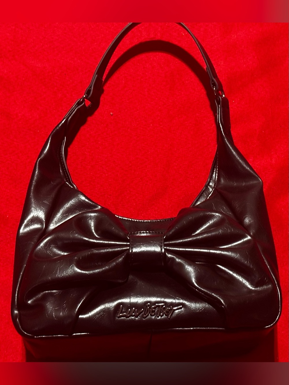Betsey Johnson Black Patent Bow Shoulder Bag with Logo